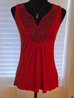 Maurices Red Beaded V-Neck Tank Top